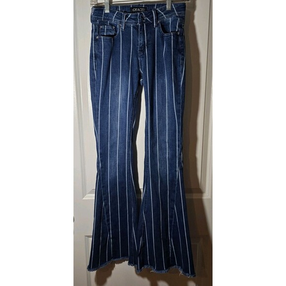 Grace in LA Jeans Womens 25 Blue Striped Flare Bell Bottom Raw Hem (26X32) - Picture 1 of 7